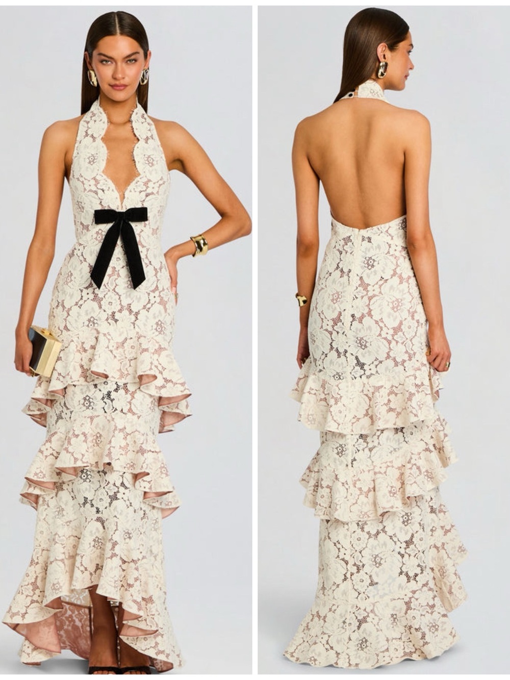 Retrofete Senara Lace Dress Ivory Lace Halter Ruffle Maxi Dress Black Bow XS